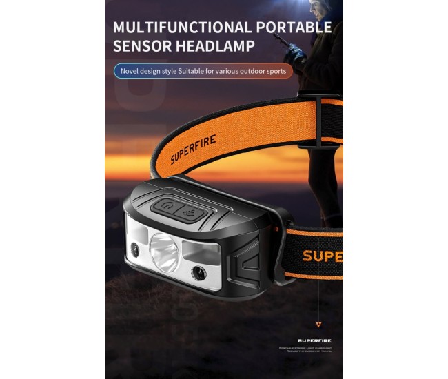 Lanterna LED pentru cap Superfire HL05-K, 120lm, 100m, 500mAh, Lumina rosie, control miscare Lanterna LED pentru cap Superfire HL05-K, 120lm, 100m, 500mAh, Lumina rosie, control miscare