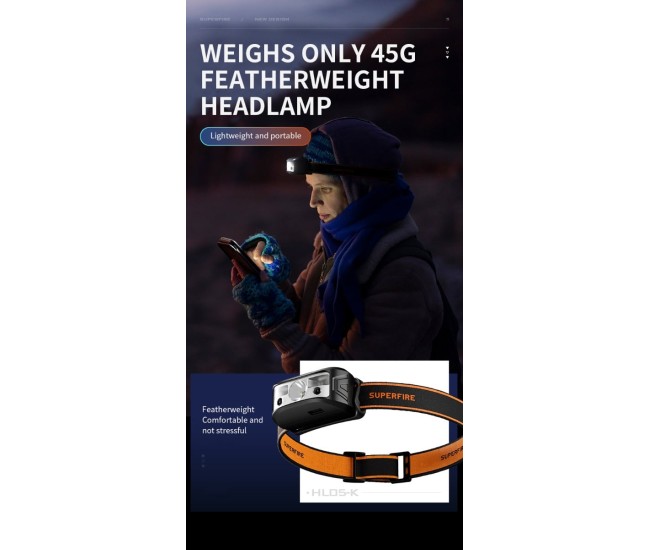 Lanterna LED pentru cap Superfire HL05-K, 120lm, 100m, 500mAh, Lumina rosie, control miscare Lanterna LED pentru cap Superfire HL05-K, 120lm, 100m, 500mAh, Lumina rosie, control miscare