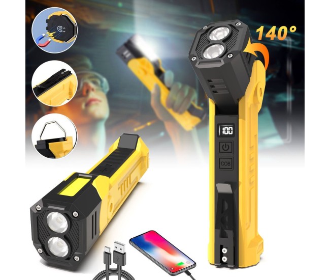 Lanterna Multifunctionala LED Superfire GM06, USB-C, 1500mAh, 355lm, 216m, power bank, lumina rosie, prindere magnetica, IP44 - Galben