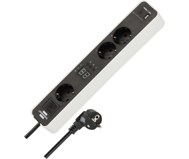 Prelungitor Brennenstuhl Ecolor 3 prize, countdown, 1x USB A, 1x USB-C, Buton On Off 1,5m H05VVF 3G1,5, alb negru