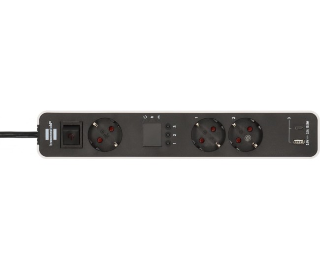Prelungitor Brennenstuhl Ecolor 3 prize, countdown, 1x USB A, 1x USB-C, Buton On Off 1,5m H05VVF 3G1,5, alb negru