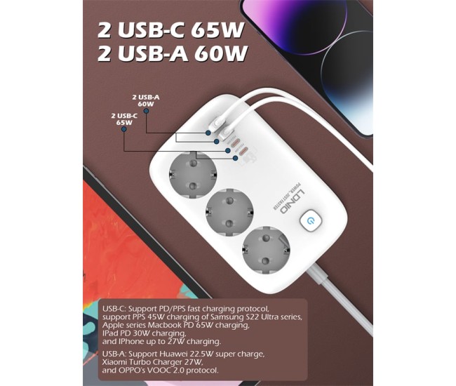 Prelungitor LDNIO SE2435, 3 prize, 2 X USB-A, 2X USB-C, 65W, 2m Prelungitor LDNIO SE2435, 3 prize, 2 X USB-A, 2X USB-C, 65W, 2m