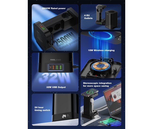 Prelungitor Tip Turn LDNIO SEW4485, Incarcator wireless, 3 prize, 3 X USB-A, 1 X USB-C, Incarcare rapida QC 3.0, 32W, 2m Prelungitor Tip Turn LDNIO SEW4485, Incarcator wireless, 3 prize, 3 X USB-A, 1 X USB-C, Incarcare rapida QC 3.0, 32W, 2m