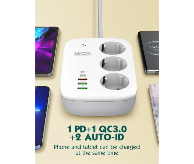 Prelungitor Smart WIFI LDNIO SEW3452, 3 prize, 3 X USB-A, 1X USB-C, 30W, 2m, incarcare rapida QC 3.0, Tuya Prelungitor Smart WIFI LDNIO SEW3452, 3 prize, 3 X USB-A, 1X USB-C, 30W, 2m, incarcare rapida QC 3.0, Tuya