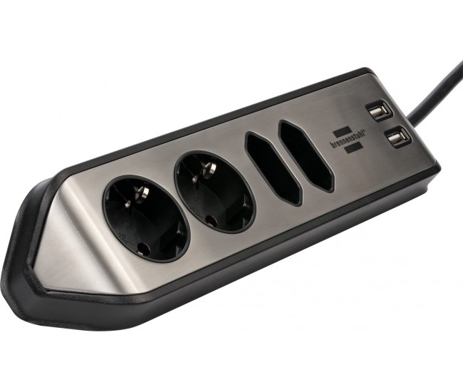 Prelungitor pentru perete colt Brennenstuhl Estilo 4 prize, 2 USB, 3.1 A, 2m Inox, Adeziv inclus, Argintiu-Negru Prelungitor pentru perete colt Brennenstuhl Estilo 4 prize, 2 USB, 3.1 A, 2m Inox, Adeziv inclus, Argintiu-Negru