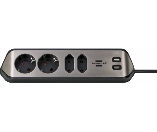 Prelungitor pentru perete colt Brennenstuhl Estilo 4 prize, 2 USB, 3.1 A, 2m Inox, Adeziv inclus, Argintiu-Negru Prelungitor pentru perete colt Brennenstuhl Estilo 4 prize, 2 USB, 3.1 A, 2m Inox, Adeziv inclus, Argintiu-Negru