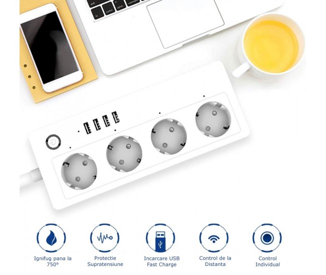Prelungitor Smart Rovo A26, Wifi, 16A, 4 Prize Individuale, 4 USB Tuya, Alexa, Google Assistant, Prelungitor Smart Rovo A26, Wifi, 16A, 4 Prize Individuale, 4 USB Tuya, Alexa, Google Assistant,