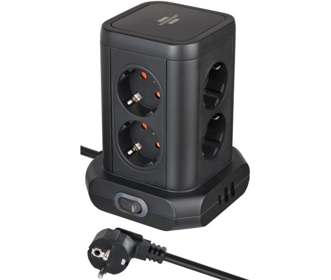 Prelungitor tip turn Brennenstuhl, 8 prize, 2 X USB A, 1 X USB-C, cablu 2m, pozitionare prize 45  ,