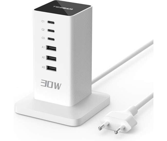 Prelungitor tip Turn Tessan TS-CS04, 6 prize, 4 USB, 2 USB-C, 30 W, cablu 2m Prelungitor tip Turn Tessan TS-CS04, 6 prize, 4 USB, 2 USB-C, 30 W, cablu 2m