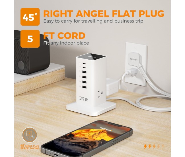 Prelungitor tip Turn Tessan TS-CS04, 6 prize, 4 USB, 2 USB-C, 30 W, cablu 2m Prelungitor tip Turn Tessan TS-CS04, 6 prize, 4 USB, 2 USB-C, 30 W, cablu 2m