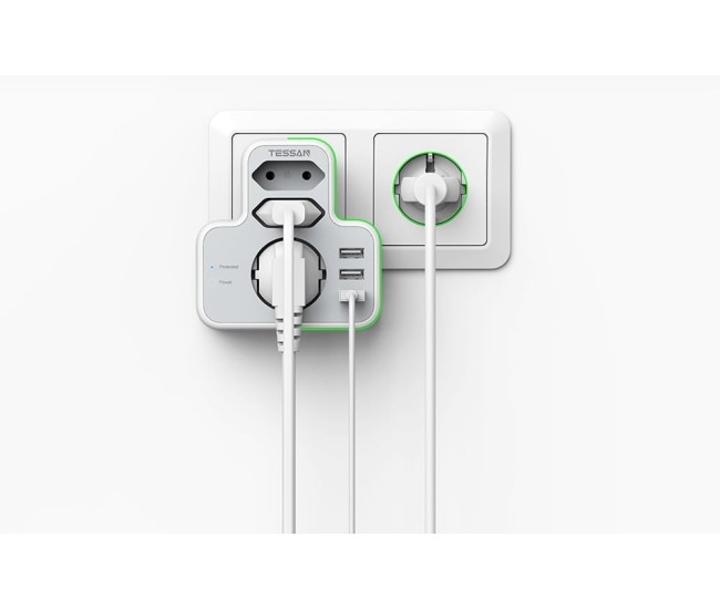 Priza Multipla Tessan TS-327, 3 Prize, 3 Porturi USB, 240 V, Alb ,3600W 16A Priza Multipla Tessan TS-327, 3 Prize, 3 Porturi USB, 240 V, Alb ,3600W 16A