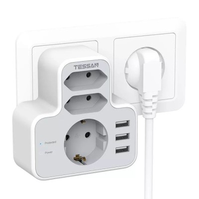 Priza Multipla Tessan TS-327, 3 Prize, 3 Porturi USB, 240 V, Alb ,3600W 16A Priza Multipla Tessan TS-327, 3 Prize, 3 Porturi USB, 240 V, Alb ,3600W 16A