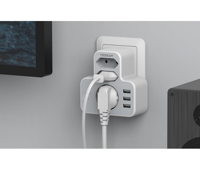 Priza Multipla Tessan TS-327, 3 Prize, 3 Porturi USB, 240 V, Alb ,3600W 16A Priza Multipla Tessan TS-327, 3 Prize, 3 Porturi USB, 240 V, Alb ,3600W 16A