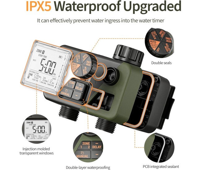 Programator automat pentru irigare Diivoo DI-WT21M-EUGN, 2 zone, IPX5, functie Rain Delay