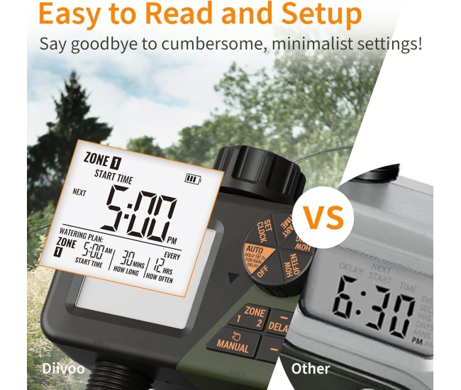 Programator automat pentru irigare Diivoo DI-WT21M-EUGN, 2 zone, IPX5, functie Rain Delay
