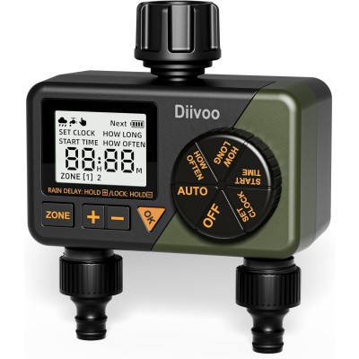 Programator automat pentru irigare Diivoo DI-WT08M-DEGN, 2 zone, IPX5, functie Rain Delay