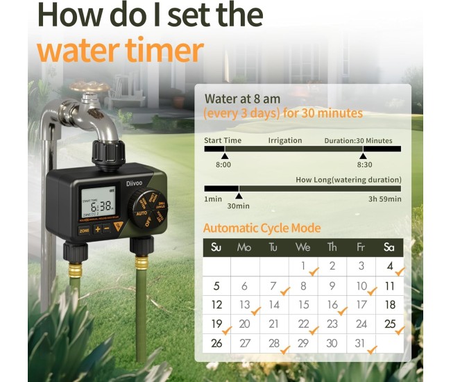 Programator automat pentru irigare Diivoo DI-WT08M-DEGN, 2 zone, IPX5, functie Rain Delay Programator automat pentru irigare Diivoo DI-WT08M-DEGN, 2 zone, IPX5, functie Rain Delay