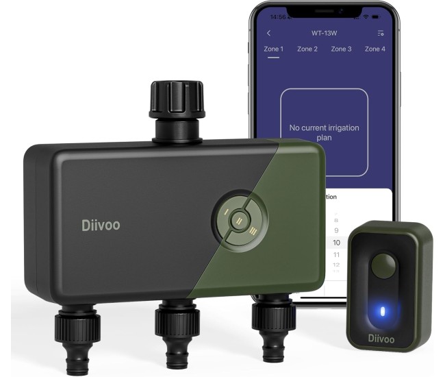 Programator Wifi automat pentru irigare Diivoo DI-WT11W-EUGN, 3 zone, IP54, functie Rain Delay, Control Aplicatie, RFID 60M
