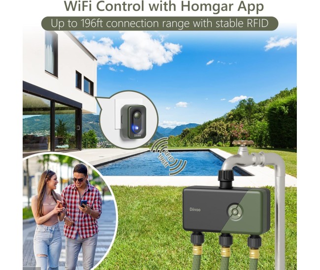Programator Wifi automat pentru irigare Diivoo DI-WT11W-EUGN, 3 zone, IP54, functie Rain Delay, Control Aplicatie, RFID 60M