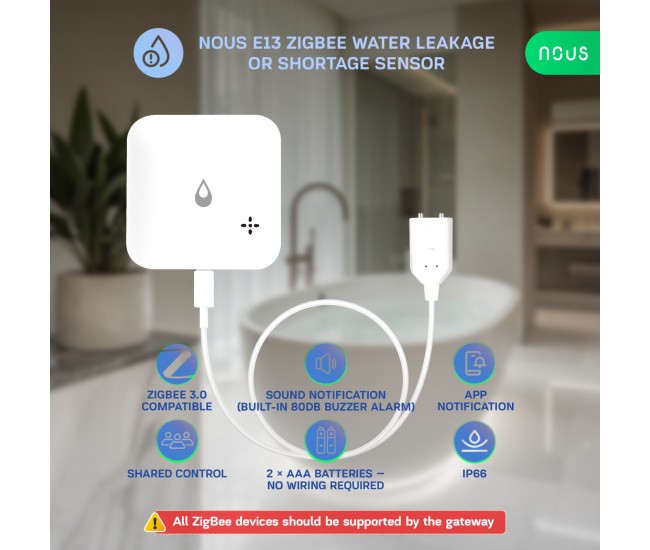 Senzor smart NOUS E13, Zigbee 3.0, detectie scurgeri si lipsa apa, alarma locala, notificari mobile, IP66, alimentare baterii