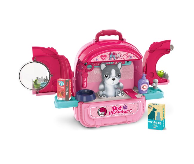 Set ghiozdan jucarie 3 in 1 Rovo 997-1, Spital Catel, Veterinar, 59 piese  - Roz