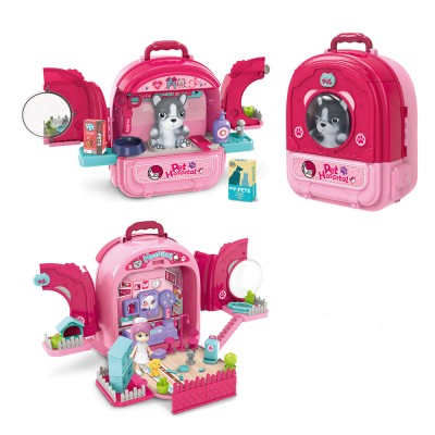 Set ghiozdan jucarie 3 in 1 Rovo 997-1, Spital Catel, Veterinar, 59 piese  - Roz
