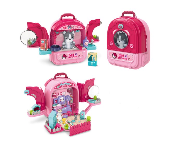 Set ghiozdan jucarie 3 in 1 Rovo 997-1, Spital Catel, Veterinar, 59 piese  - Roz