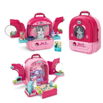 Set ghiozdan jucarie 3 in 1 Rovo 997-2, Spital Pisica, Veterinar, 59 piese - Roz
