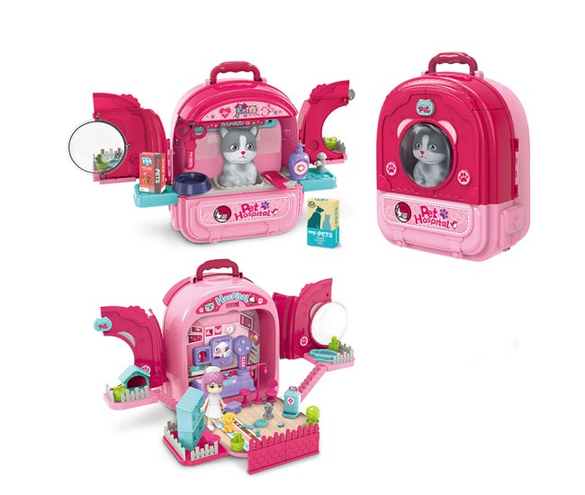 Set ghiozdan jucarie 3 in 1 Rovo 997-2, Spital Pisica, Veterinar, 59 piese - Roz