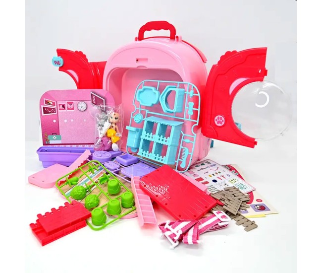 Set ghiozdan jucarie 3 in 1 Rovo 997-1, Spital Catel, Veterinar, 59 piese  - Roz