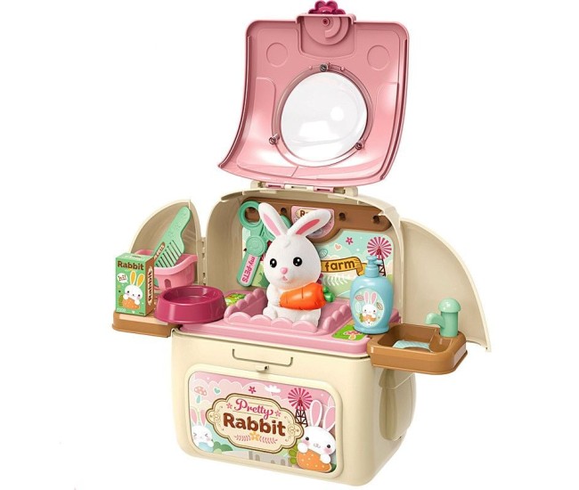 Set ghiozdan jucarie 2 in 1 Rovo 968, Iepuras,  Accesorii incluse
