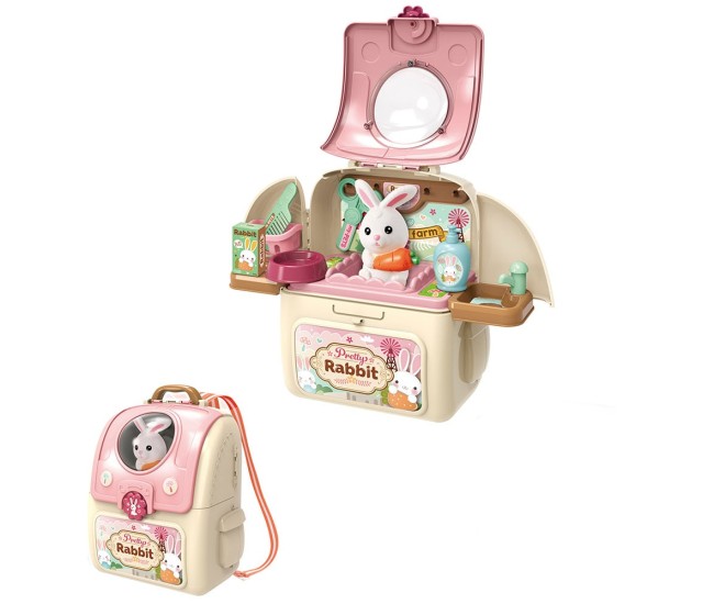 Set ghiozdan jucarie 2 in 1 Rovo 968, Iepuras,  Accesorii incluse