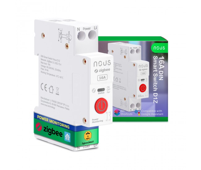 Siguranta inteligenta Nous D1Z, 16A, ZigBee, 1 canal, Monitorizare energie, montare pe sina DIN Siguranta inteligenta Nous D1Z, 16A, ZigBee, 1 canal, Monitorizare energie, montare pe sina DIN