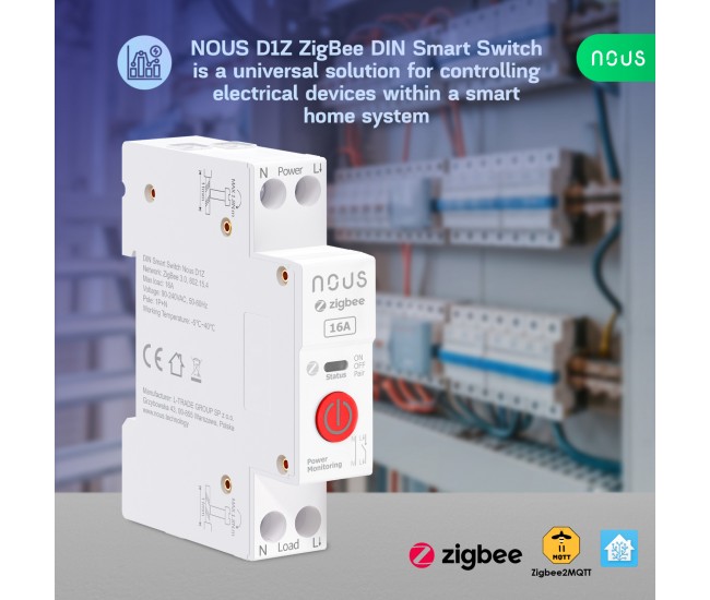 Siguranta inteligenta Nous D1Z, 16A, ZigBee, 1 canal, Monitorizare energie, montare pe sina DIN Siguranta inteligenta Nous D1Z, 16A, ZigBee, 1 canal, Monitorizare energie, montare pe sina DIN