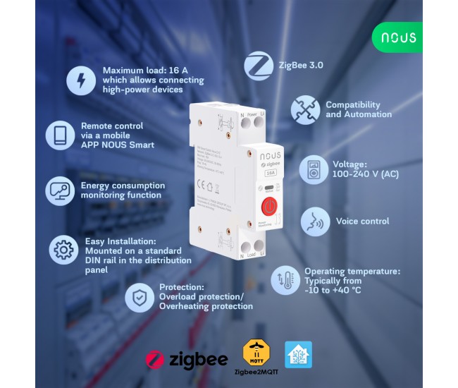 Siguranta inteligenta Nous D3Z, 25A, ZigBee, 1 canal, Monitorizare energie, montare pe sina DIN Siguranta inteligenta Nous D3Z, 25A, ZigBee, 1 canal, Monitorizare energie, montare pe sina DIN