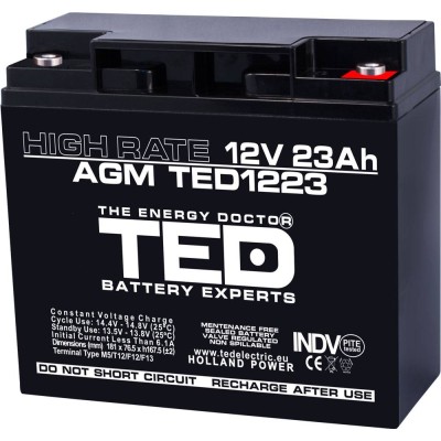 Acumulator 12V 23A AGM VRLA High Rate 181x76x167mm F3 TED Battery Expert Holland