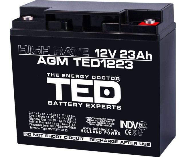 Acumulator 12V 23A AGM VRLA High Rate 181x76x167mm F3 TED Battery Expert Holland Acumulator 12V 23A AGM VRLA High Rate 181x76x167mm F3 TED Battery Expert Holland