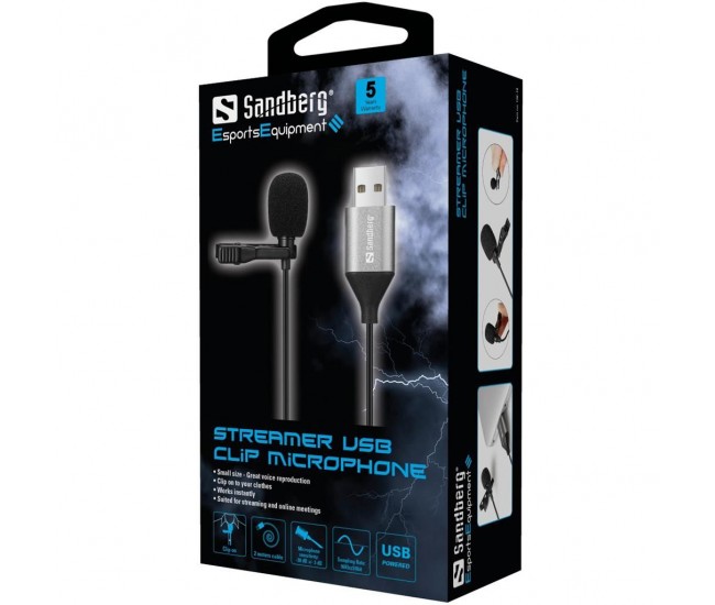 Microfon lavaliera cu clip Sandberg 126-19 USB 2m negru Microfon lavaliera cu clip Sandberg 126-19 USB 2m negru
