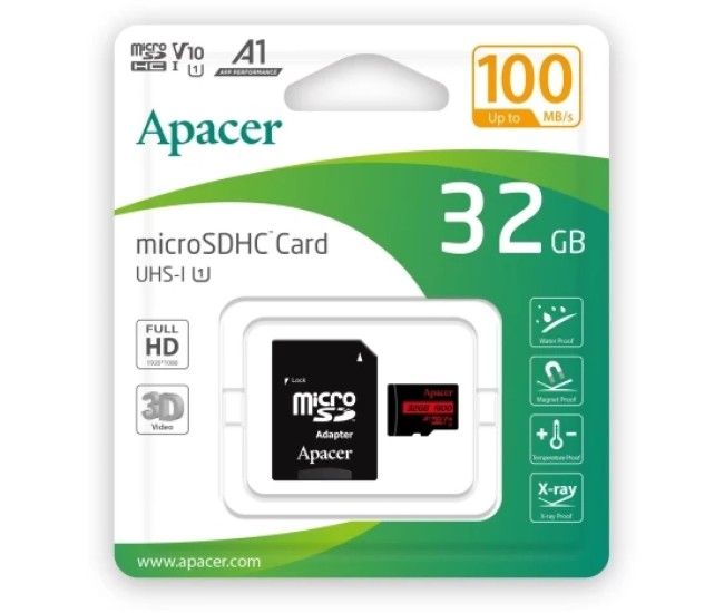 Card microSDXC UHS-I U1 V10 A1 Apacer 32GB R100 cu adaptor SD AP32GMCSH10UB-R