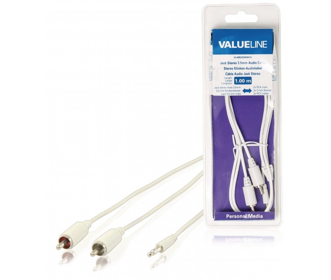 Cablu audio jack stereo 3.5 mm tata - 2x RCA tata 1m alb Valueline Cablu audio jack stereo 3.5 mm tata - 2x RCA tata 1m alb Valueline