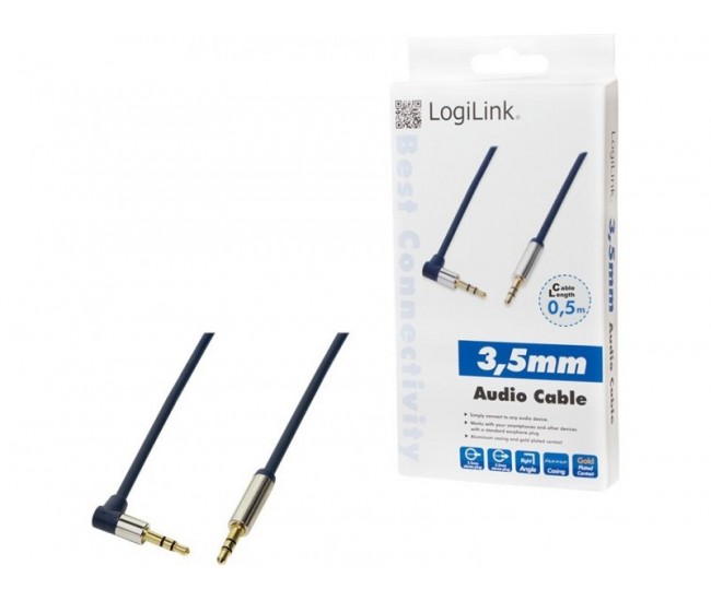 Cablu audio stereo 90 grade Jack 3.5 mm 0.5m tata-tata aurit albastru inchis carcasa aluminiu LOGILINK CA11050 Cablu audio stereo 90 grade Jack 3.5 mm 0.5m tata-tata aurit albastru inchis carcasa aluminiu LOGILINK CA11050
