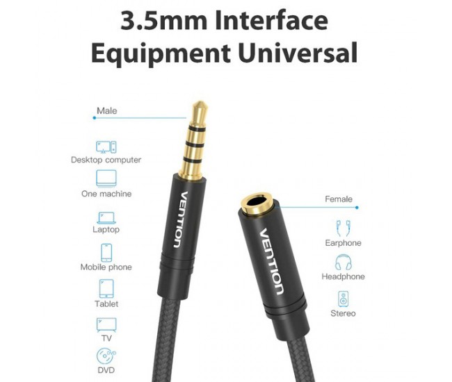 Cablu audio stereo prelungitor Jack 3.5 mm mama-tata 3m aurit negru VENTION VAB-B06-B300-M Cablu audio stereo prelungitor Jack 3.5 mm mama-tata 3m aurit negru VENTION VAB-B06-B300-M