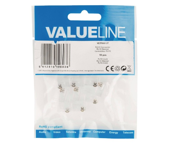 Conector RJ10 tata transparent tip pentru receptor telefon set 10buc VALUELINE Conector RJ10 tata transparent tip pentru receptor telefon set 10buc VALUELINE