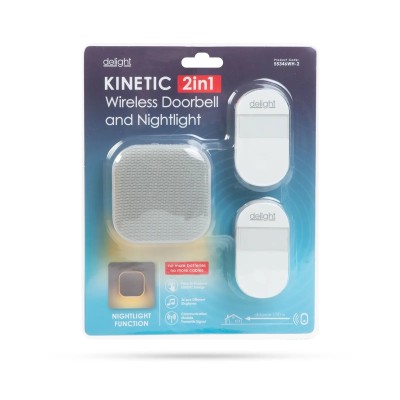 Sonerie si lumina de noapte fara fir si fara baterii 2in1 Kinetic cu 2x Sonerii exterioare alb delight 55346WH-2 Sonerie si lumina de noapte fara fir si fara baterii 2in1 Kinetic cu 2x Sonerii exterioare alb delight 55346WH-2