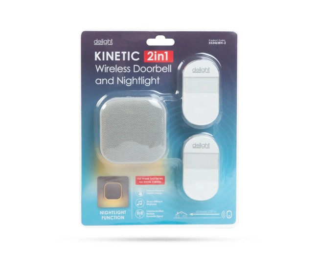 Sonerie si lumina de noapte fara fir si fara baterii 2in1 Kinetic cu 2x Sonerii exterioare alb delight 55346WH-2 Sonerie si lumina de noapte fara fir si fara baterii 2in1 Kinetic cu 2x Sonerii exterioare alb delight 55346WH-2
