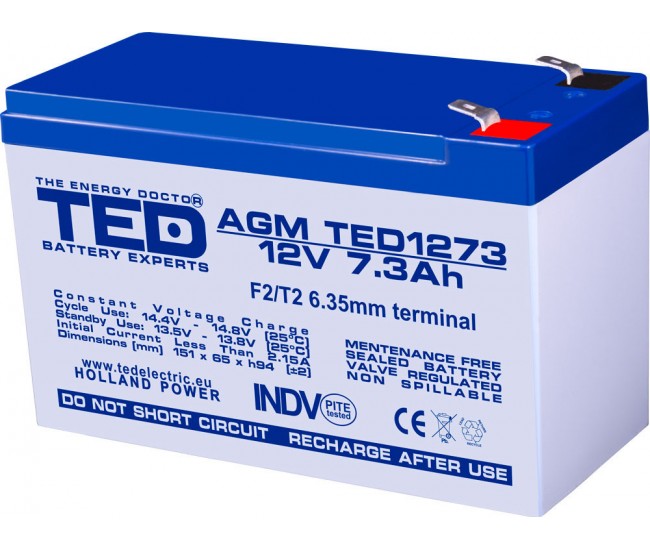 Acumulator AGM VRLA 12V 7.3Ah plumb acid 151x65x95 mm F2 terminal TED Battery Expert Holland