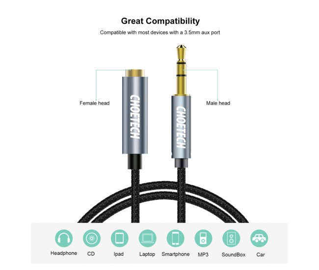 Cablu audio Jack stereo Choetech AUX001 3.5 mm tata - 3.5 mm mama 2m negru Cablu audio Jack stereo Choetech AUX001 3.5 mm tata - 3.5 mm mama 2m negru