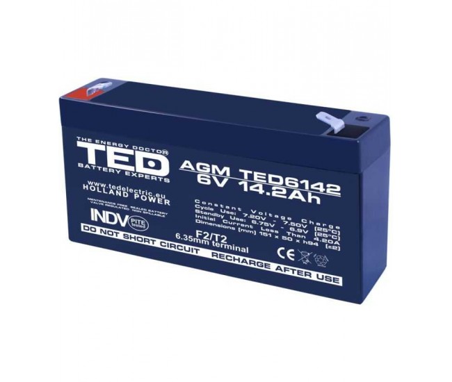 Acumulator AGM VRLA plumb acid 6V 14.2A 151x50xh95mm F2 TED Battery Expert Holland TED003034 5949258003034 Acumulator AGM VRLA plumb acid 6V 14.2A 151x50xh95mm F2 TED Battery Expert Holland TED003034 5949258003034
