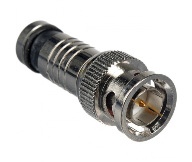 Mufa BNC tata sertizare prin compresie 75 ohm pentru RG59 cu pin aurit Mufa BNC tata sertizare prin compresie 75 ohm pentru RG59 cu pin aurit