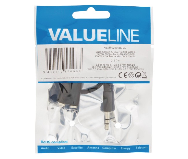 Splitter cablu adaptor audio stereo Jack 3.5 mm tata - 2x 3.5 mm Jack mama 0.2m Valueline Splitter cablu adaptor audio stereo Jack 3.5 mm tata - 2x 3.5 mm Jack mama 0.2m Valueline